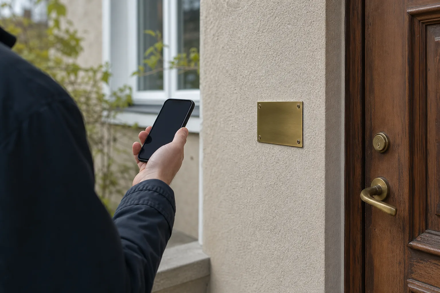 Mobil framför en villaentré med skylt