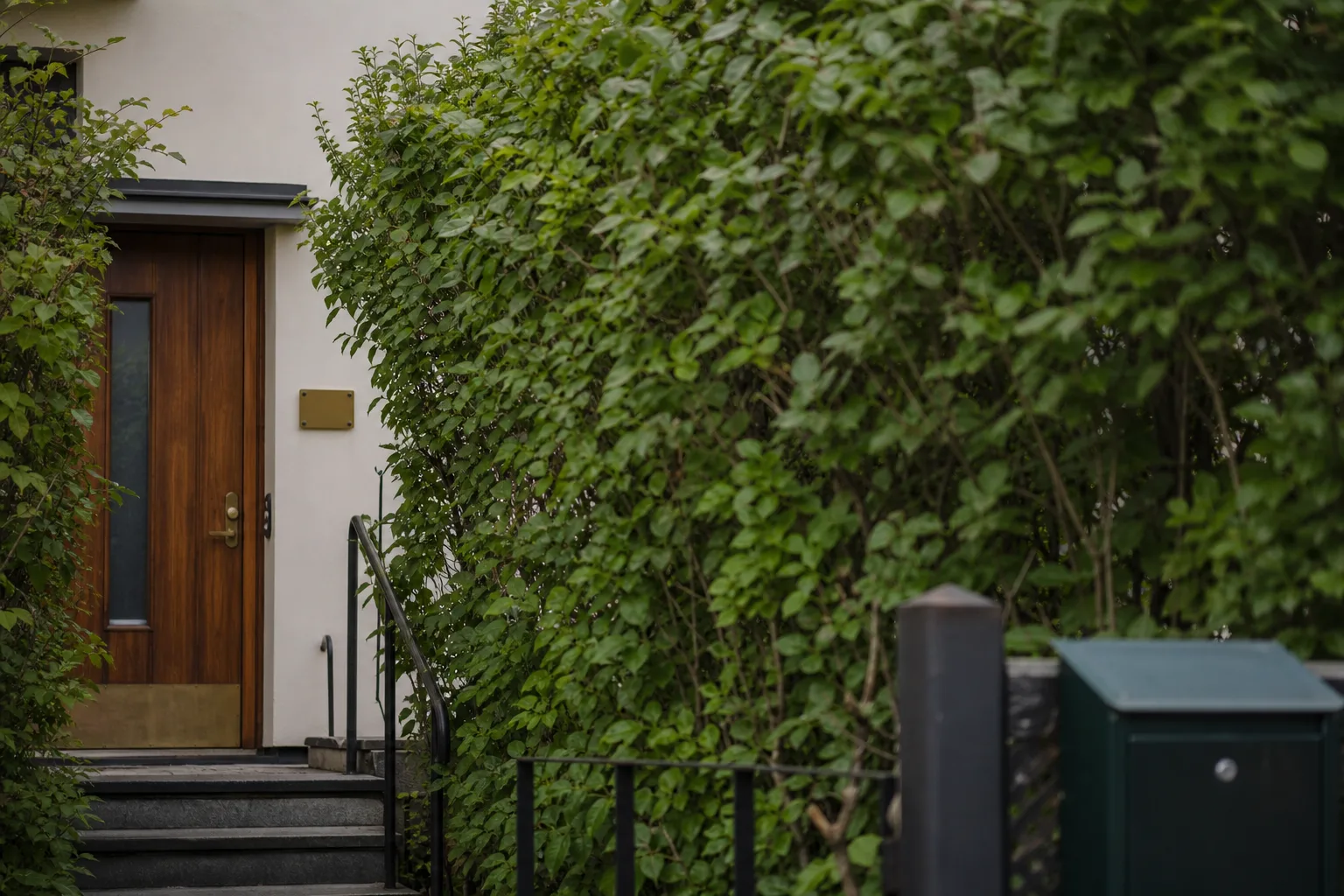 Villaentré delvis skymd av häck sett från gatan