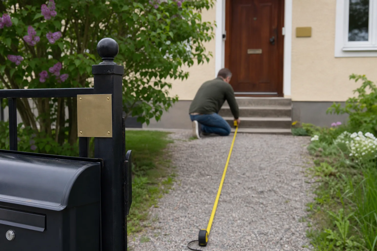 Måttband utdraget från grinden mot entrén