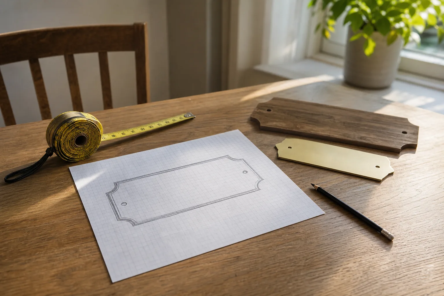 Måttband, skiss och materialprover på ett köksbord