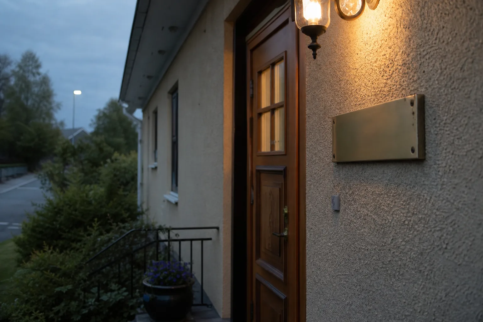 Husnummer ovanför entrédörren i skymning