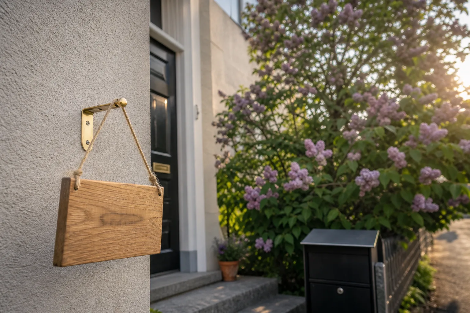 Hängande husskylt i ek vid entrén