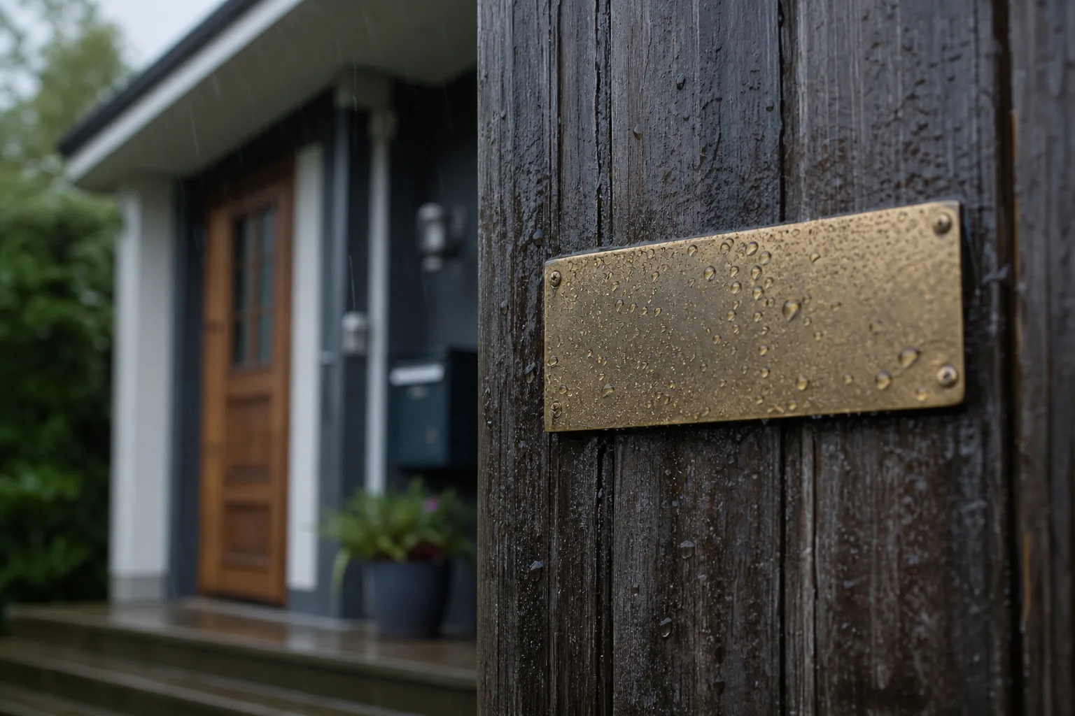 Namnskylt på väderbiten träpanel i regn