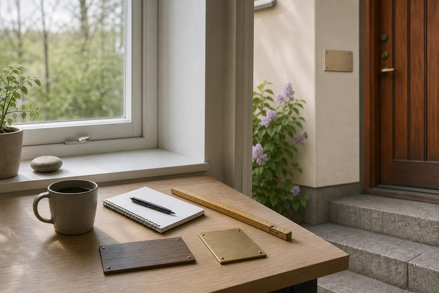 Arbetsbord med skyltprover och anteckningar